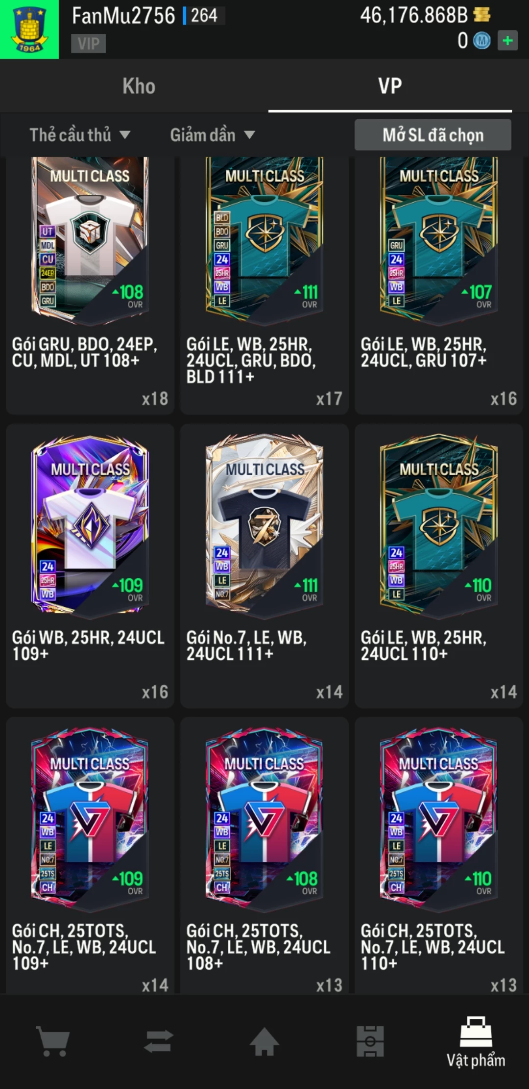 Ảnh ACC mở thẻ (LOẠI SVIP PROMAX) bao gồm có thẻ +12, thẻ Prime (có QH, CP, XS) và 1500+ đến 2000+ thẻ cầu thủ từ Siêu sao đến Miền núi các loại khác. Có sẵn BP trắng trong acc từ 40.000 tỷ BP đến 46.000 tỷ BP kèm theo nhiều ngày SVIP